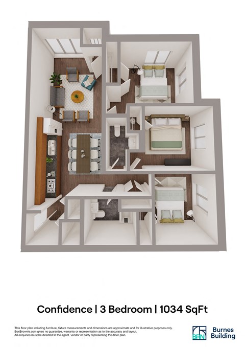 Floor plan for 3 beds, 1.5 baths, 1034 sqft